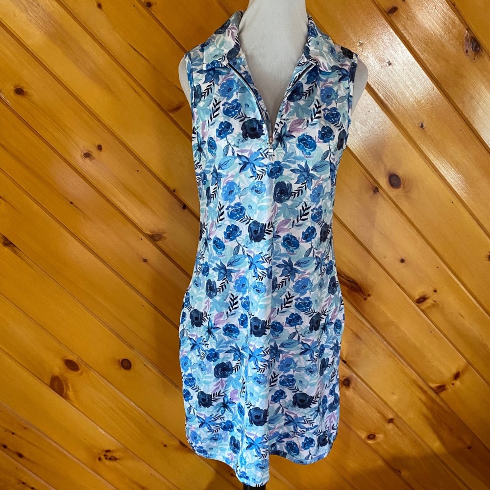 Coral Bay Golf Dress Small Blue Floral Sleeveless Quarter Zip Performance 1/4